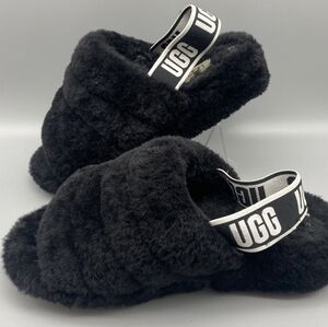 UGG Black Fluffy Slides with Logo Strap Women's Real Shearing Fur